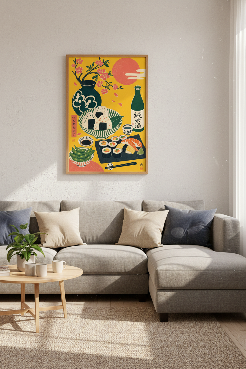 Japanese Sushi & Sake Art Print | Kitchen Wall Decor | Yellow Retro Food Poster