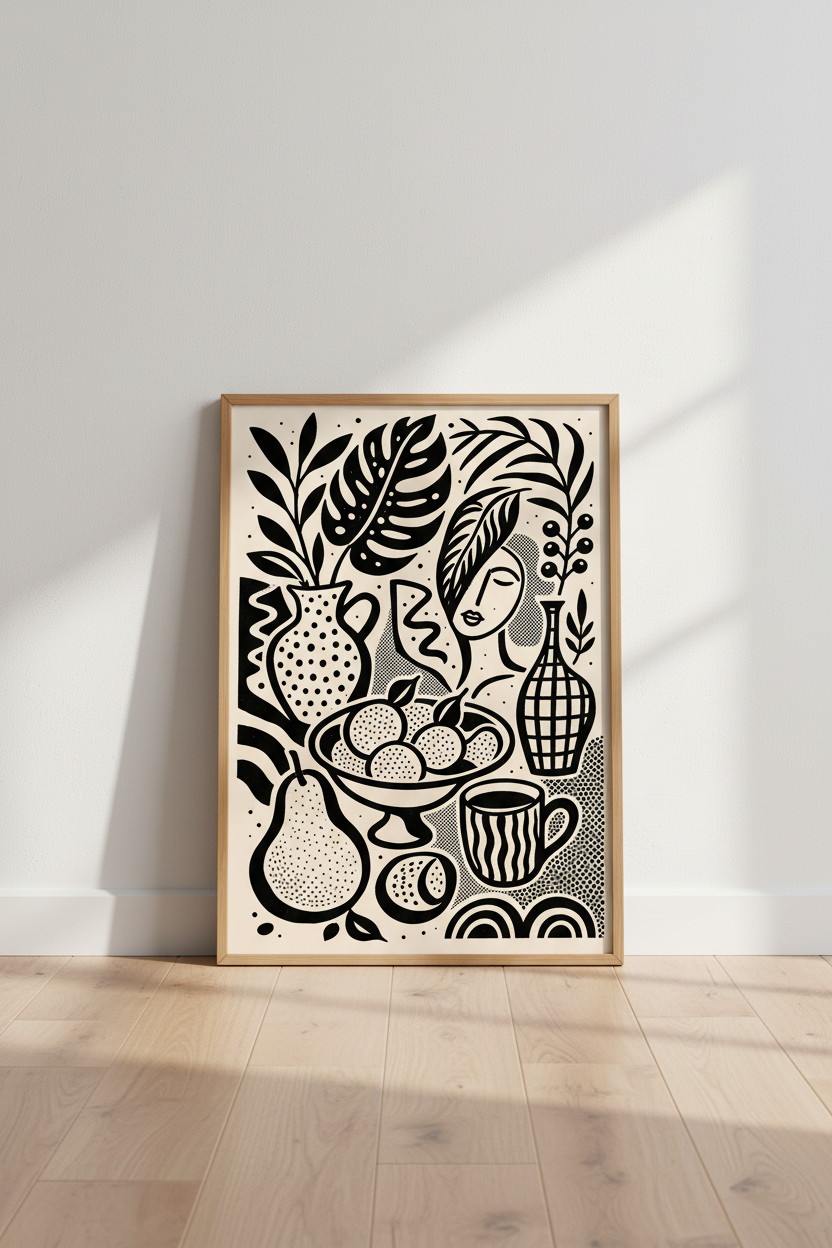 boho wall art print | Abstract Beige & Black, Living Room Decor