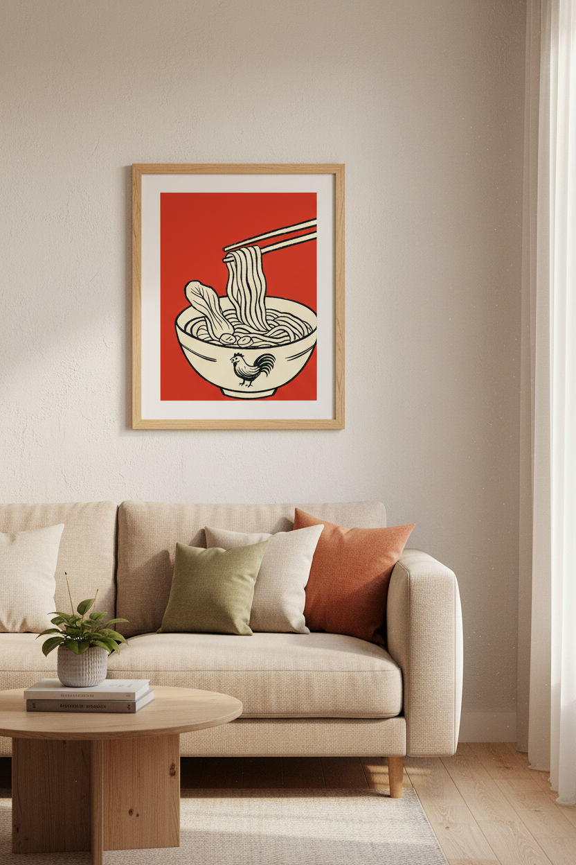Ramen Noodle Bowl Wall Art | Japanese Foodie Decor | Red Minimalist Poster