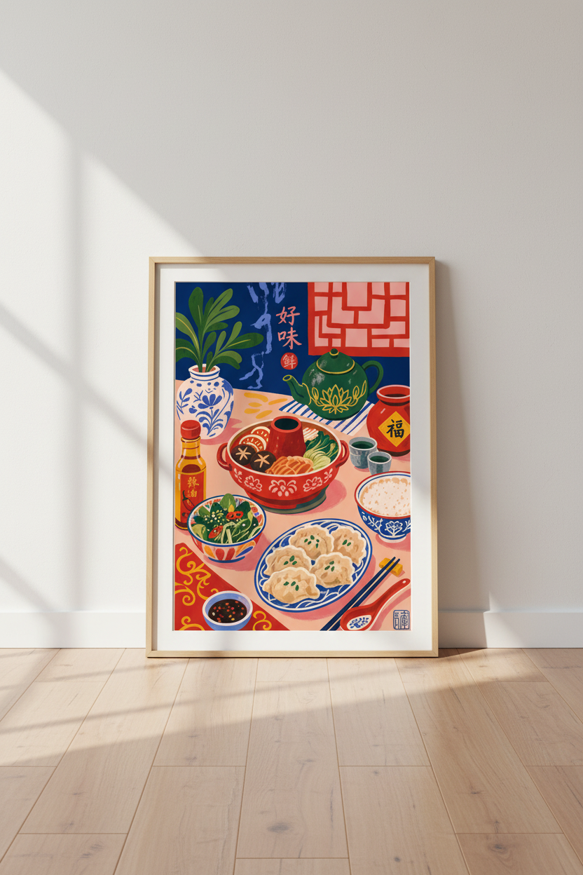 Chinese Hot Pot & Dumplings Art | Vibrant Kitchen Decor | Asian Foodie Poster