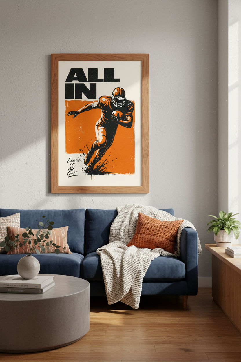 Football Motivational Wall Art | Orange & Black Sport Poster, Man Cave Decor