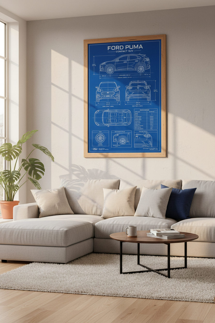 Ford Puma Blueprint Wall Art | SUV Technical Poster, Garage & Office Decor