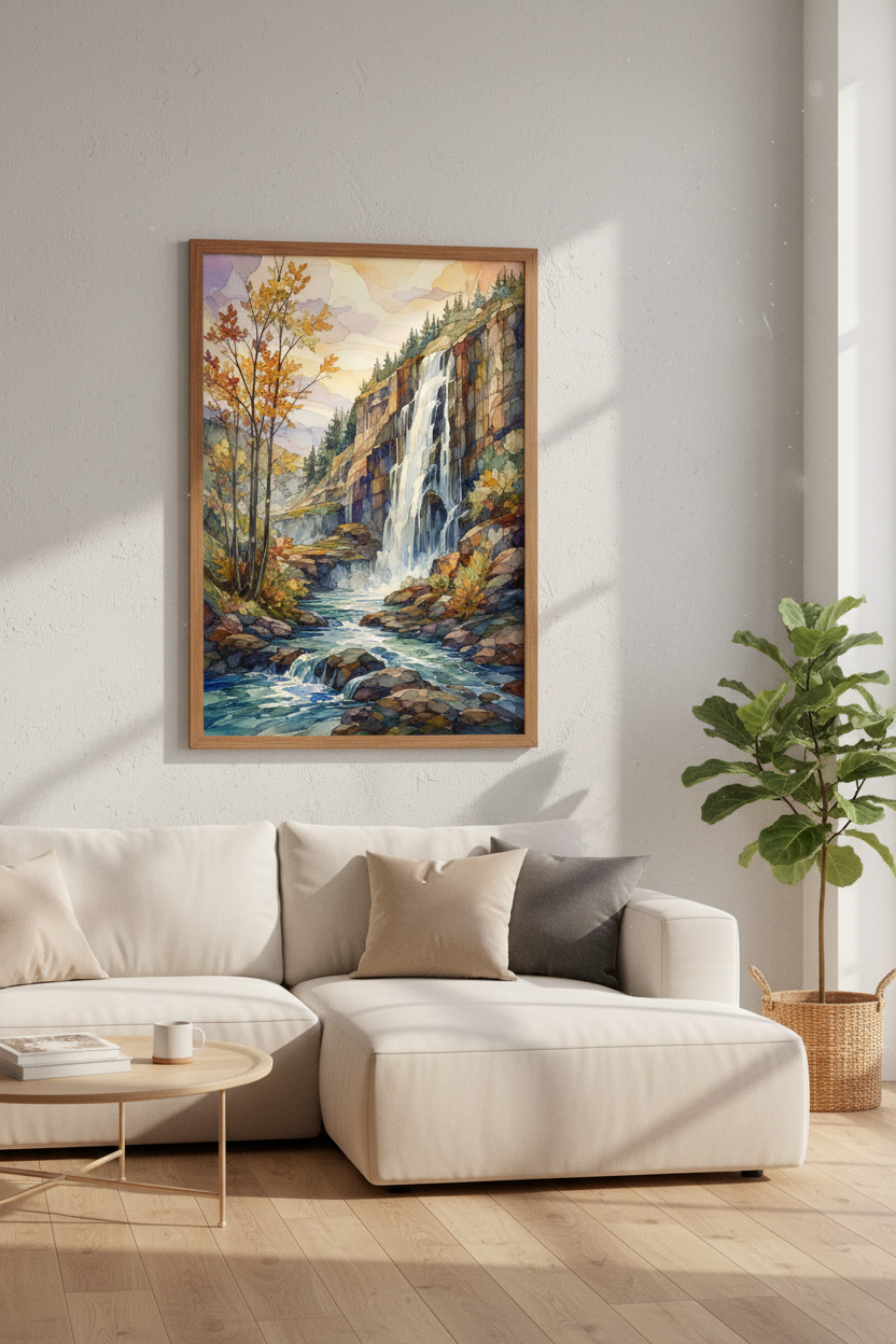 Waterfall Landscape Watercolor Art | Autumn Nature Poster, Living Room Decor