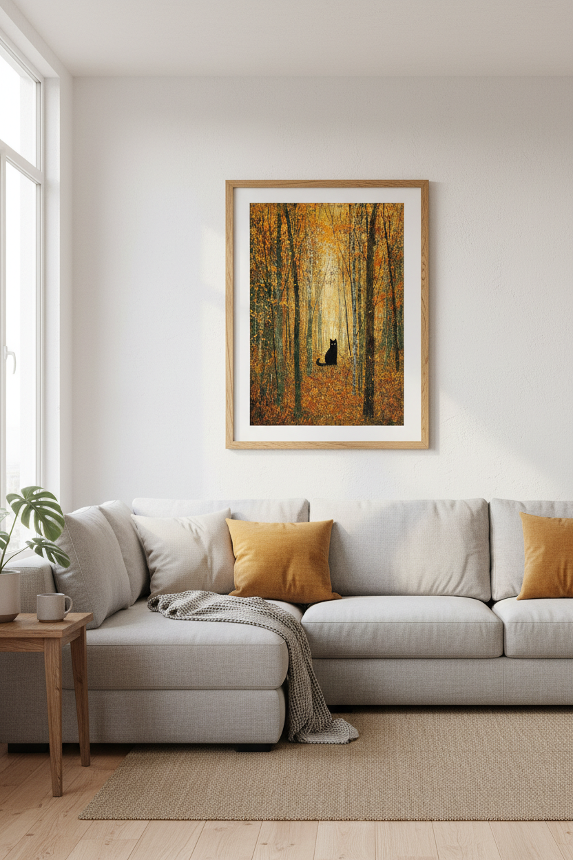 Black Cat in Autumn Forest | Golden Impressionist Landscape, Cozy Fall Decor