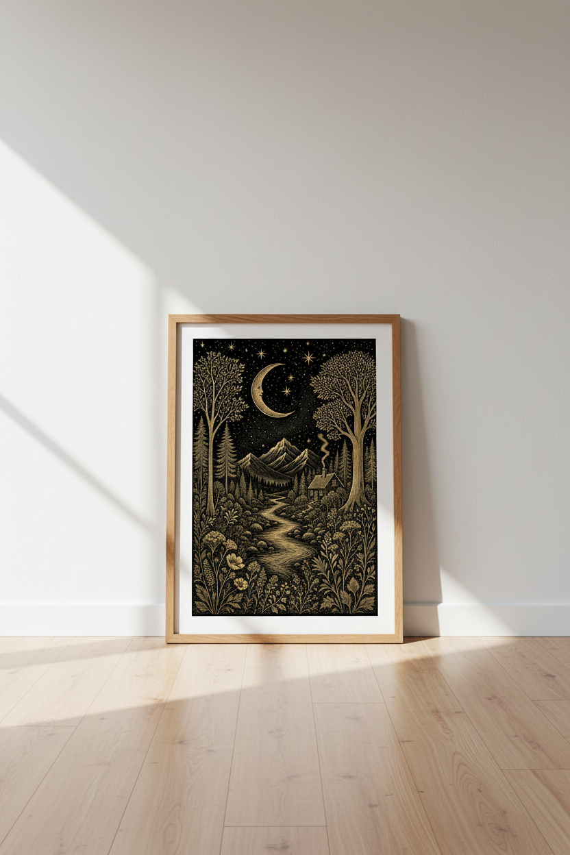 Celestial Mountain Landscape Art Print | Gold & Black Nature Decor | Mystical Poster