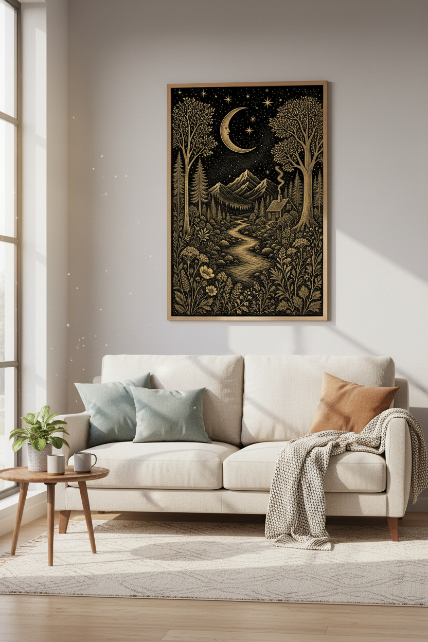 Celestial Mountain Landscape Art Print | Gold & Black Nature Decor | Mystical Poster