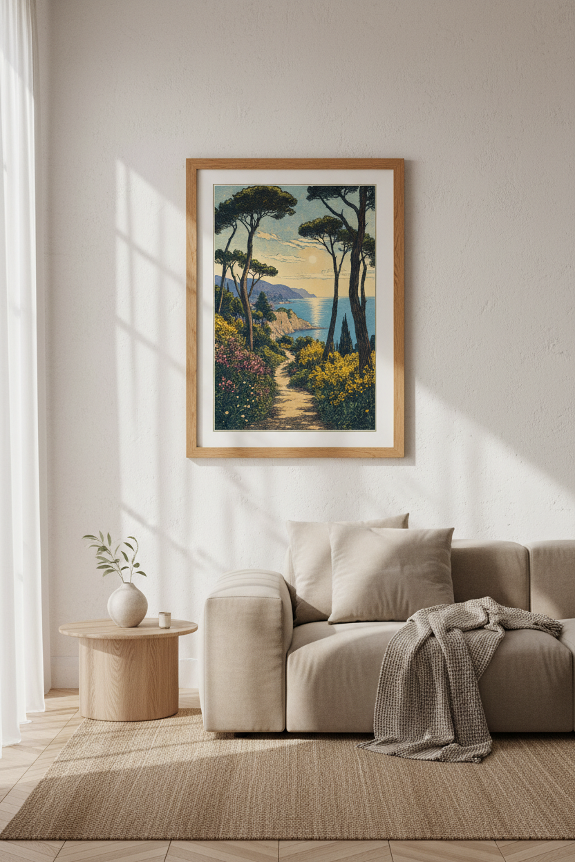 Japanese Woodblock Coast Wall Art | Mediterranean Landscape | Vintage Boho Poster