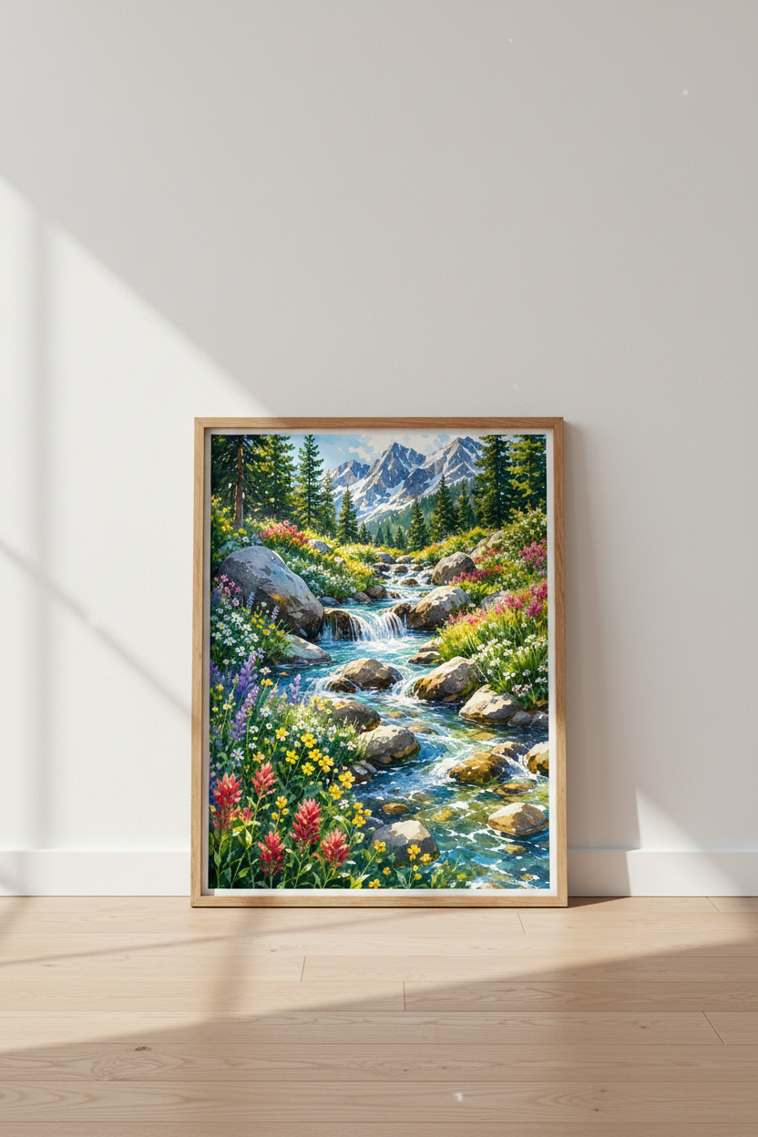 Mountain Landscape Watercolor Wall Art | Wildflower Meadow Decor | Nature Poster
