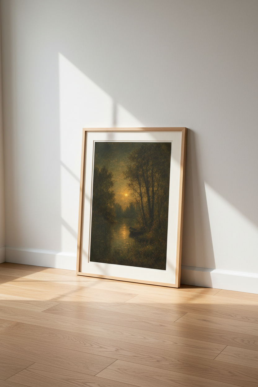 Moody landscape art | Sunset River Scene, Rustic Tones | Living Room Decor