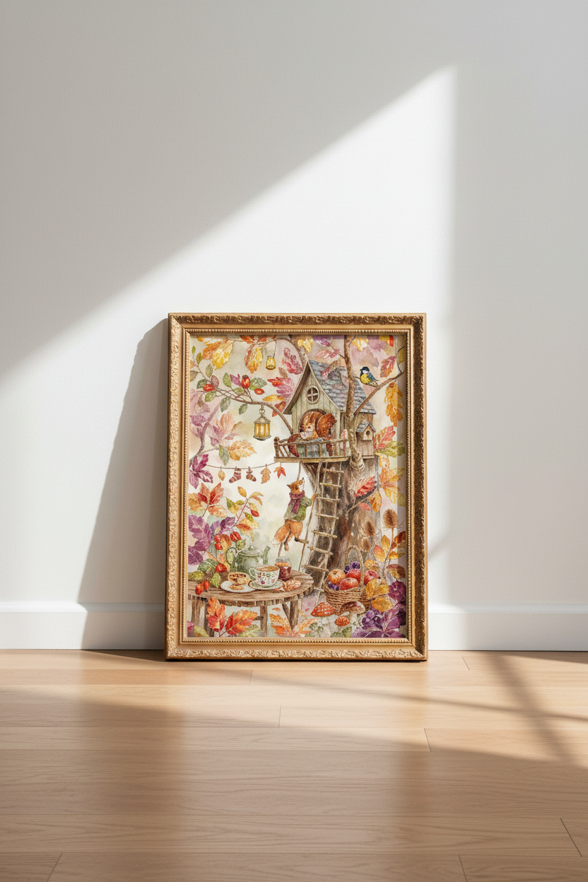 autumn woodland art | watercolor tones, living room decor