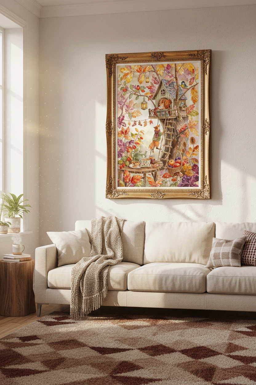autumn woodland art | watercolor tones, living room decor