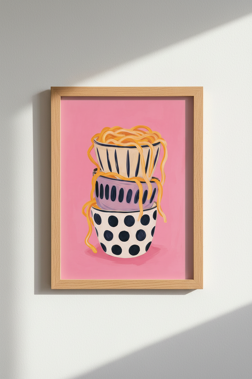 Pasta Kitchen Wall Art | Pink Eclectic Foodie Poster, Modern Dining Decor