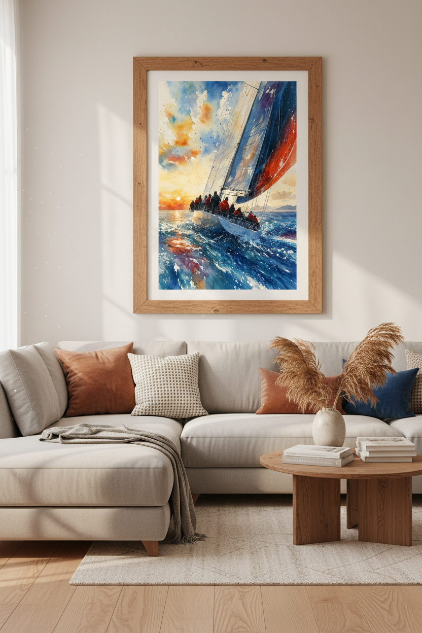 Sailboat Racing Watercolor | Nautical Sunset Wall Art, Coastal Home Decor