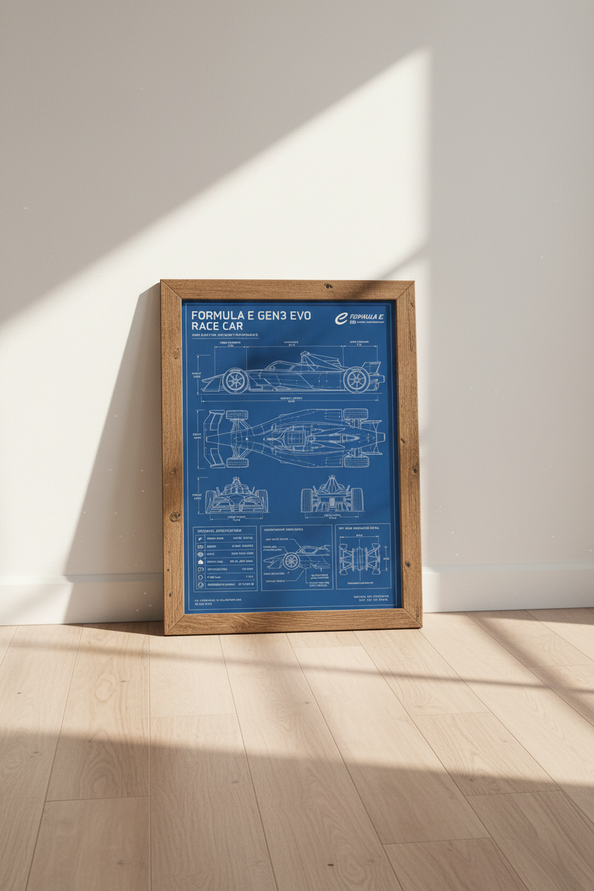 Formula E Gen3 Evo Race Car Blueprint | Modern Office Decor | Technical Sport Poster