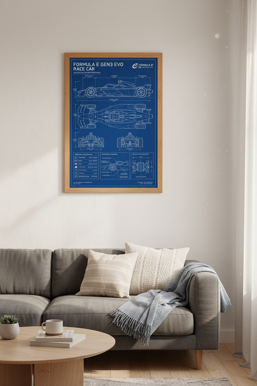 Formula E Gen3 Evo Race Car Blueprint | Modern Office Decor | Technical Sport Poster