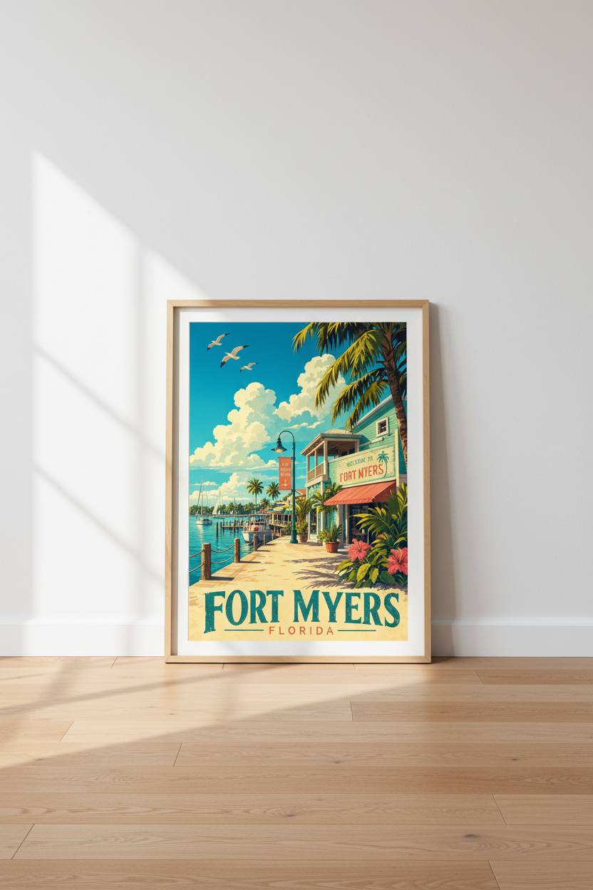 Fort Myers Florida Travel Poster | Retro Coastal Wall Art | Beach House Decor