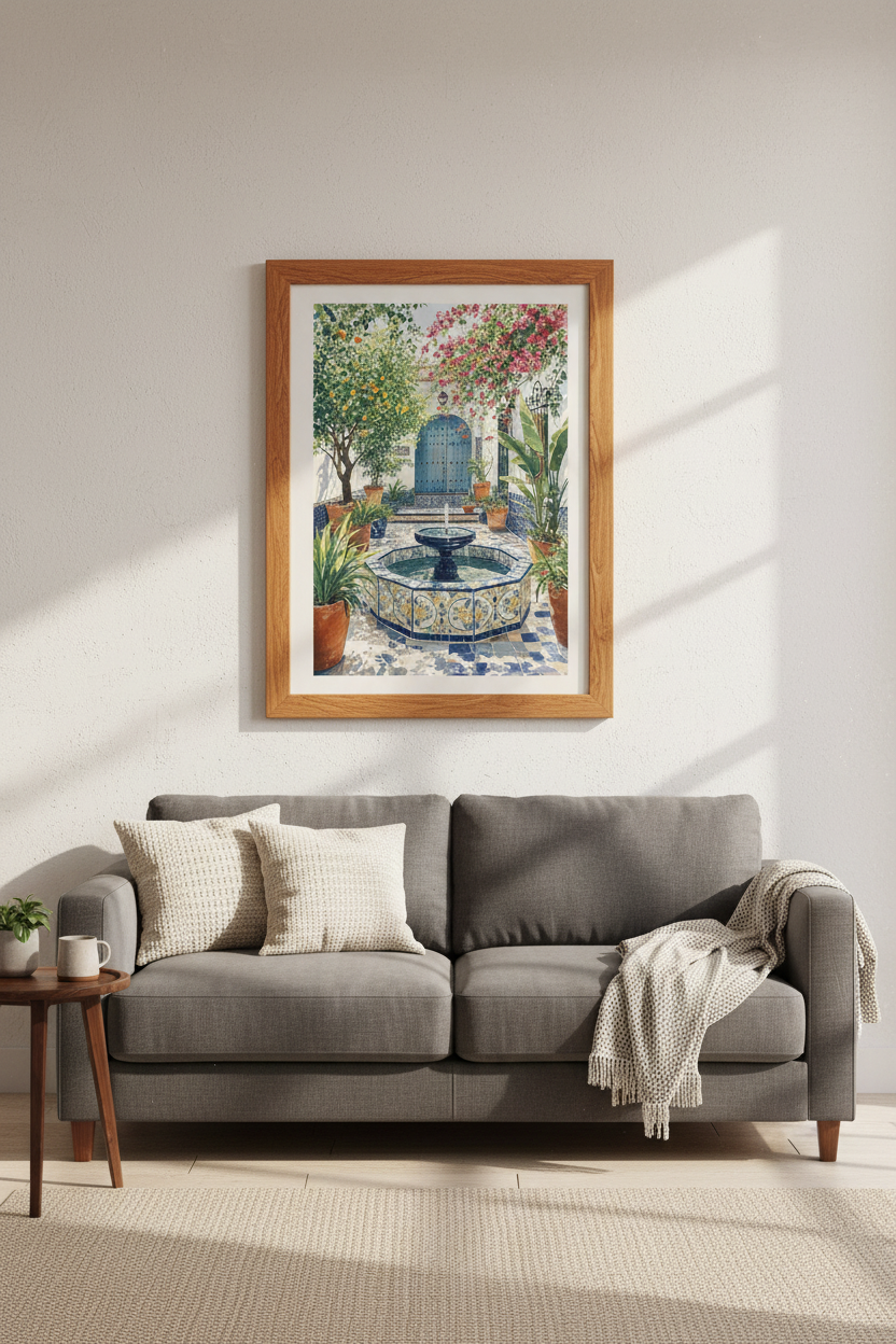 Spanish Courtyard Watercolor Art | Mediterranean Garden Print, Blue Tile Decor