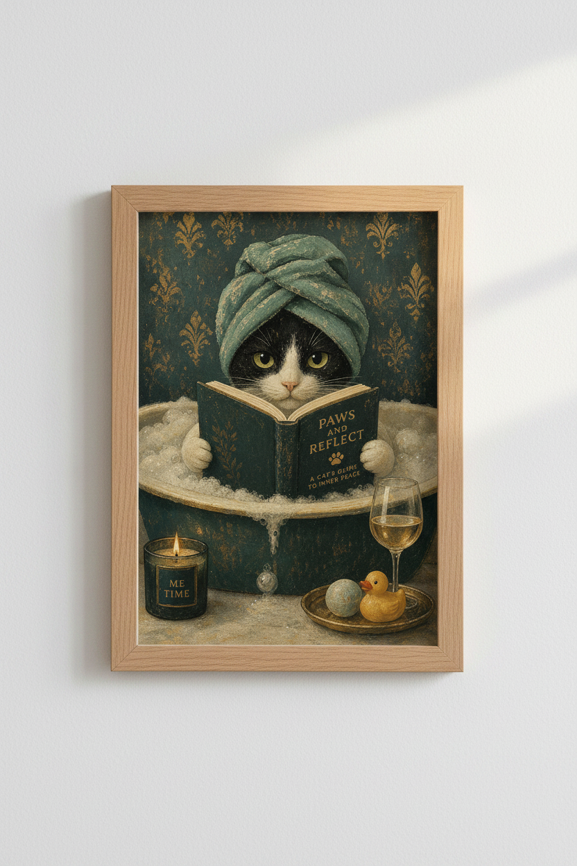Funny Cat Bath Wall Art | Whimsical Tuxedo Cat Poster, Bathroom Decor