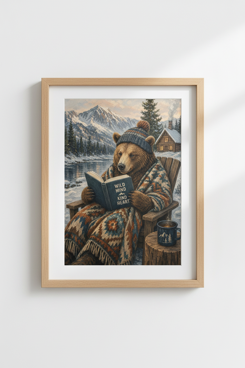 Cabin Core Bear wall art print | Rustic Mountain Lodge Decor, Whimsical Animal Poster