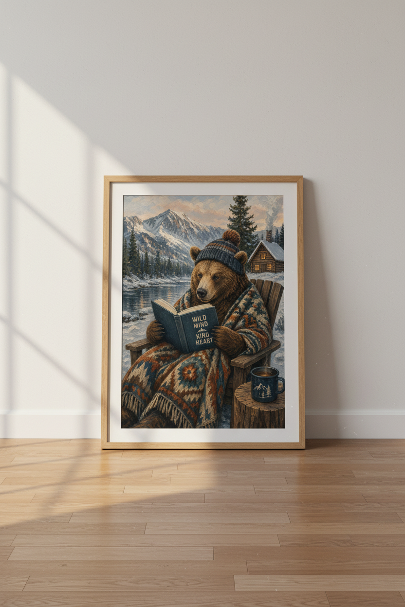 Cabin Core Bear wall art print | Rustic Mountain Lodge Decor, Whimsical Animal Poster