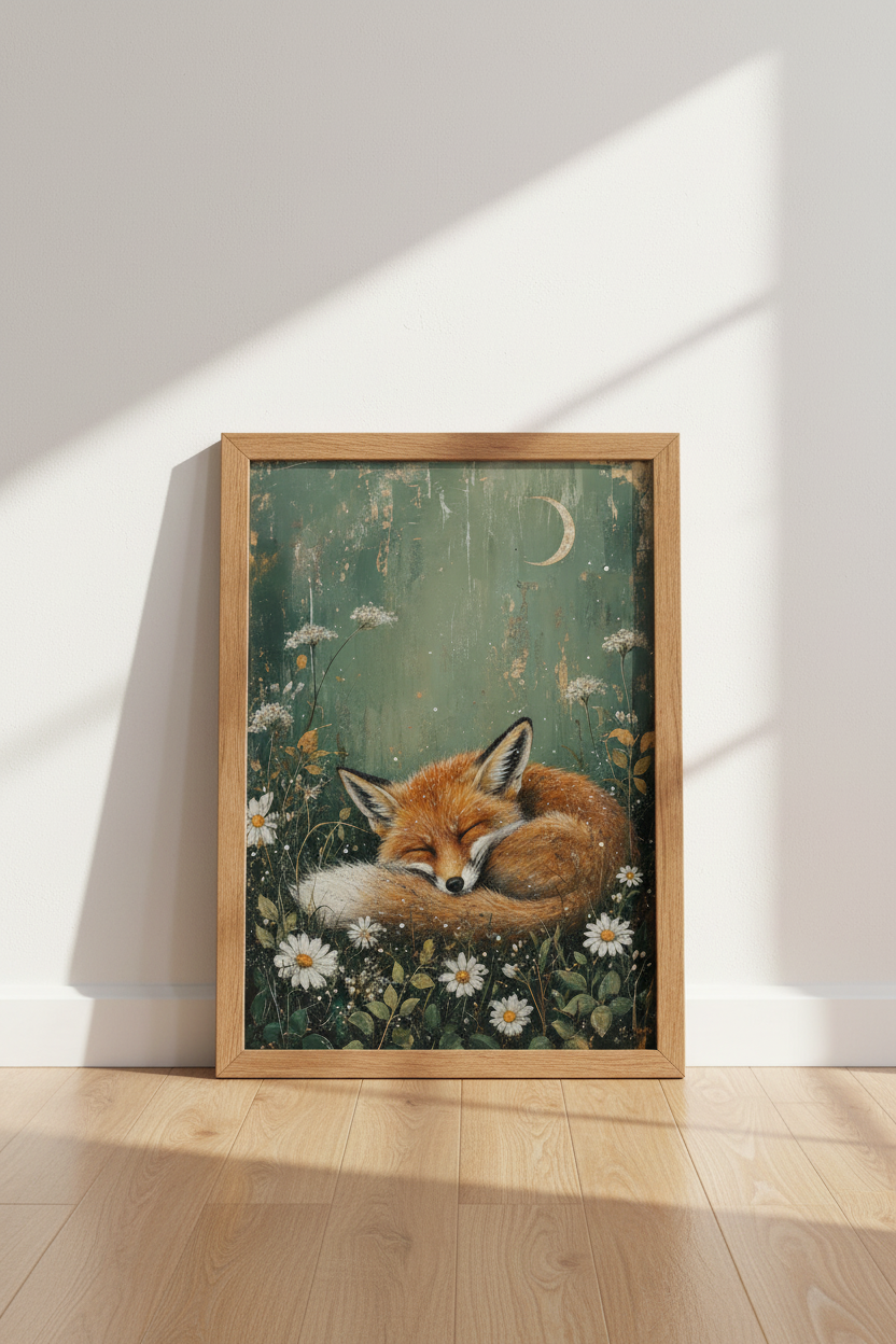 Sleeping Fox Wall Art | Emerald Green Woodland Decor | Whimsical Animal Poster