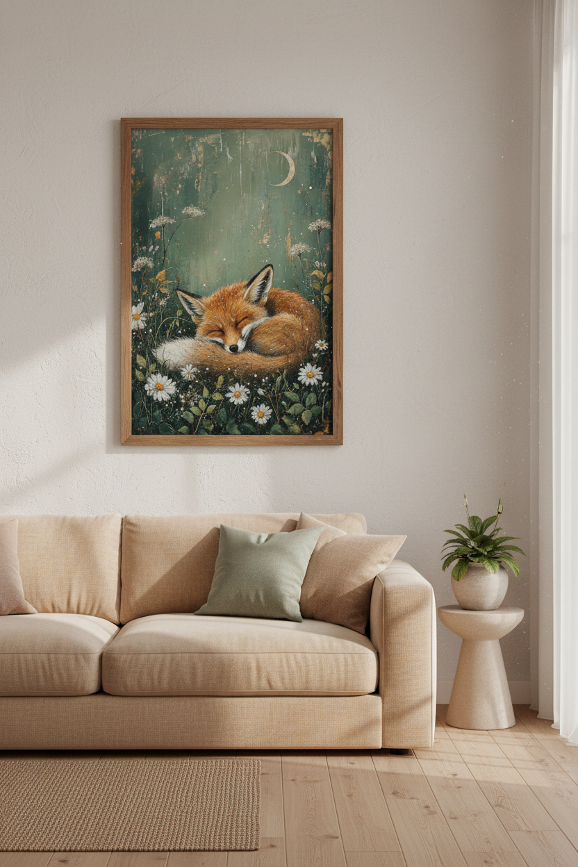 Sleeping Fox Wall Art | Emerald Green Woodland Decor | Whimsical Animal Poster