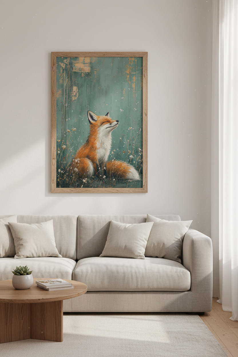 Abstract Red Fox Wall Art | Rustic Teal Nature Decor | Whimsical Animal Poster