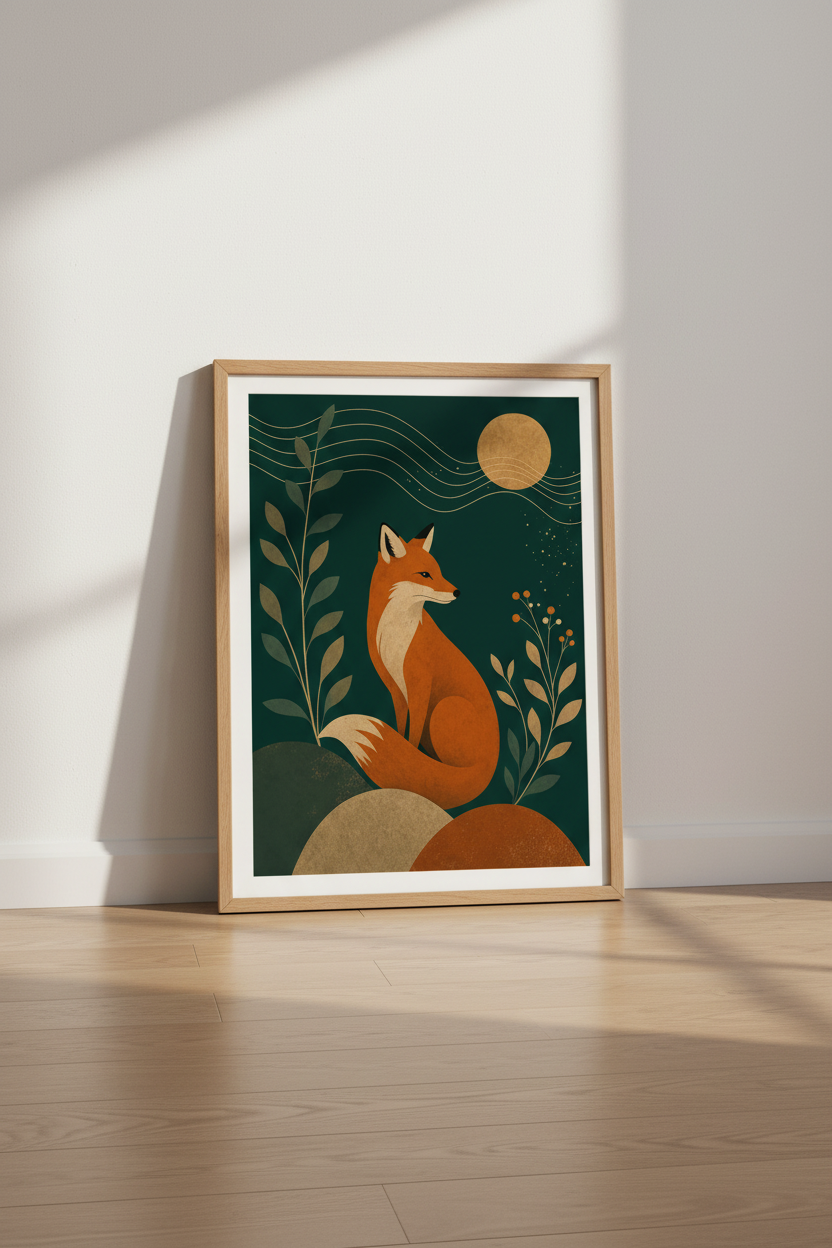 Fox Wall Art Print | Mid-Century Modern Forest Decor | Emerald Green Poster