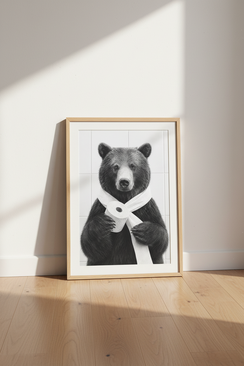 Funny Bear Bathroom Wall Art | Black and White Animal Poster | Modern Restroom Decor