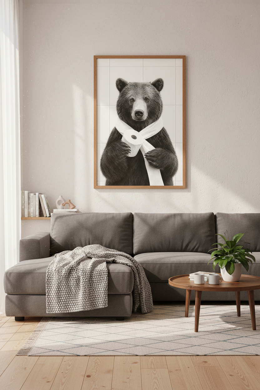Funny Bear Bathroom Wall Art | Black and White Animal Poster | Modern Restroom Decor