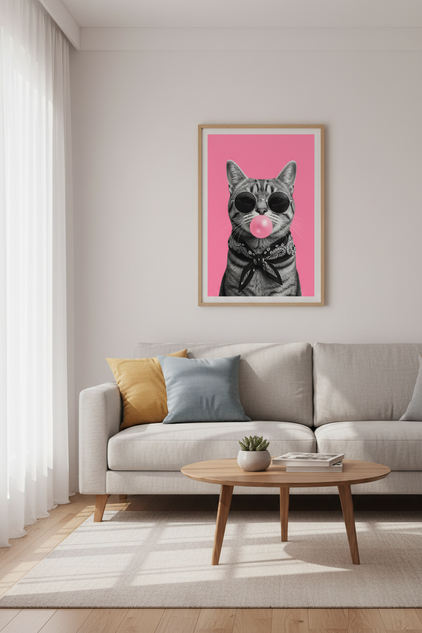 Cool Cat Bubblegum Wall Art Print | Pink Bedroom Decor | Trendy Aesthetic Poster