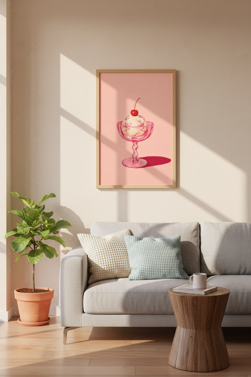 Pink Ice Cream Art Print | Kitchen Decor | Pastel Summer Dessert Poster
