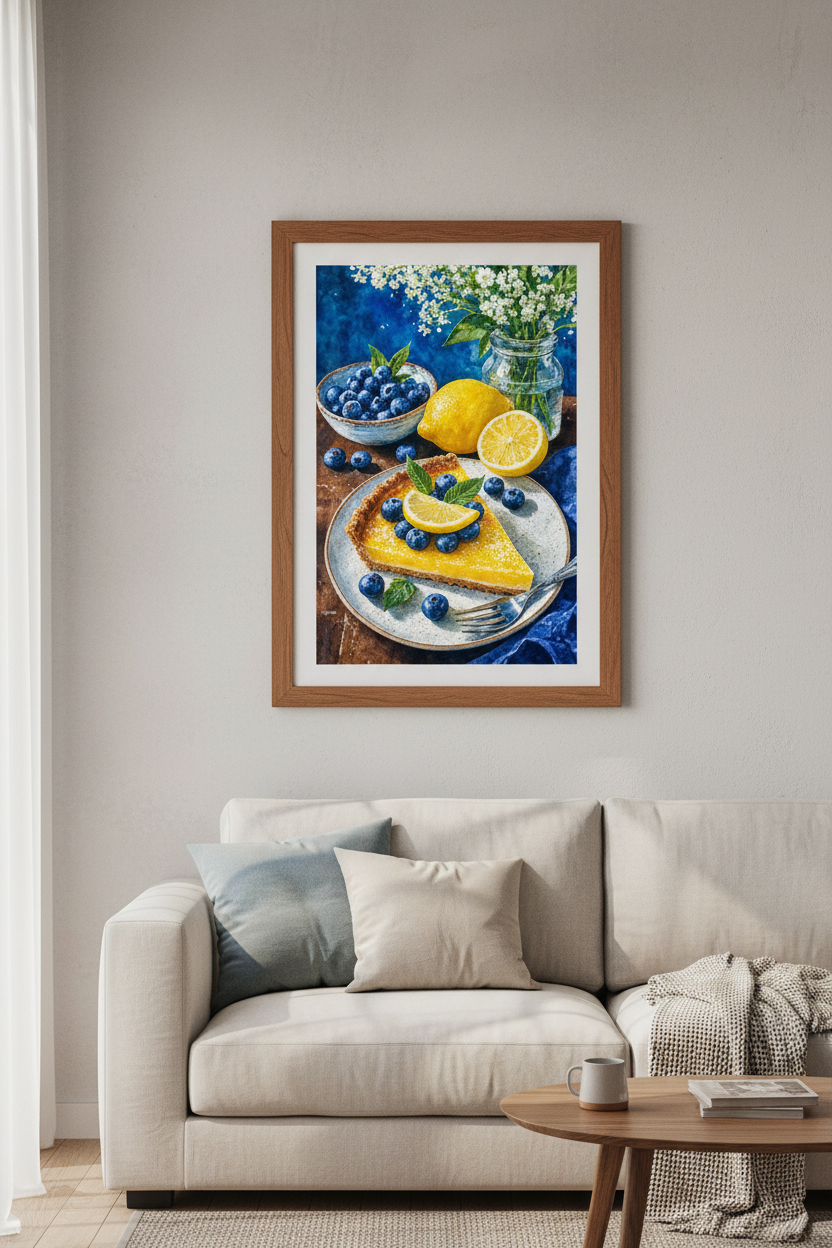 Lemon Tart & Blueberries Watercolor Art | Kitchen Decor | Vibrant Food Poster