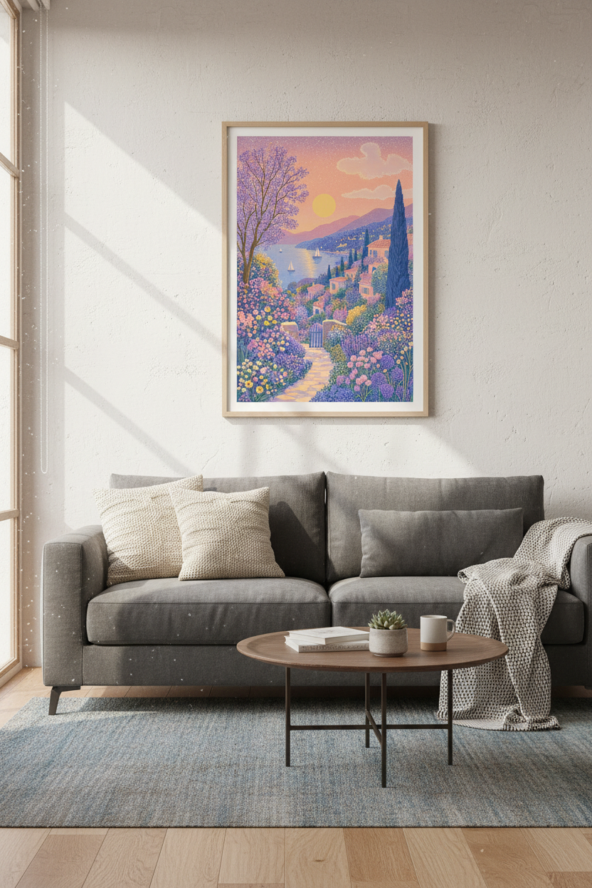 Coastal Garden Path Landscape Art | Pastel Sunset Sea Decor | Dreamy Nature Poster