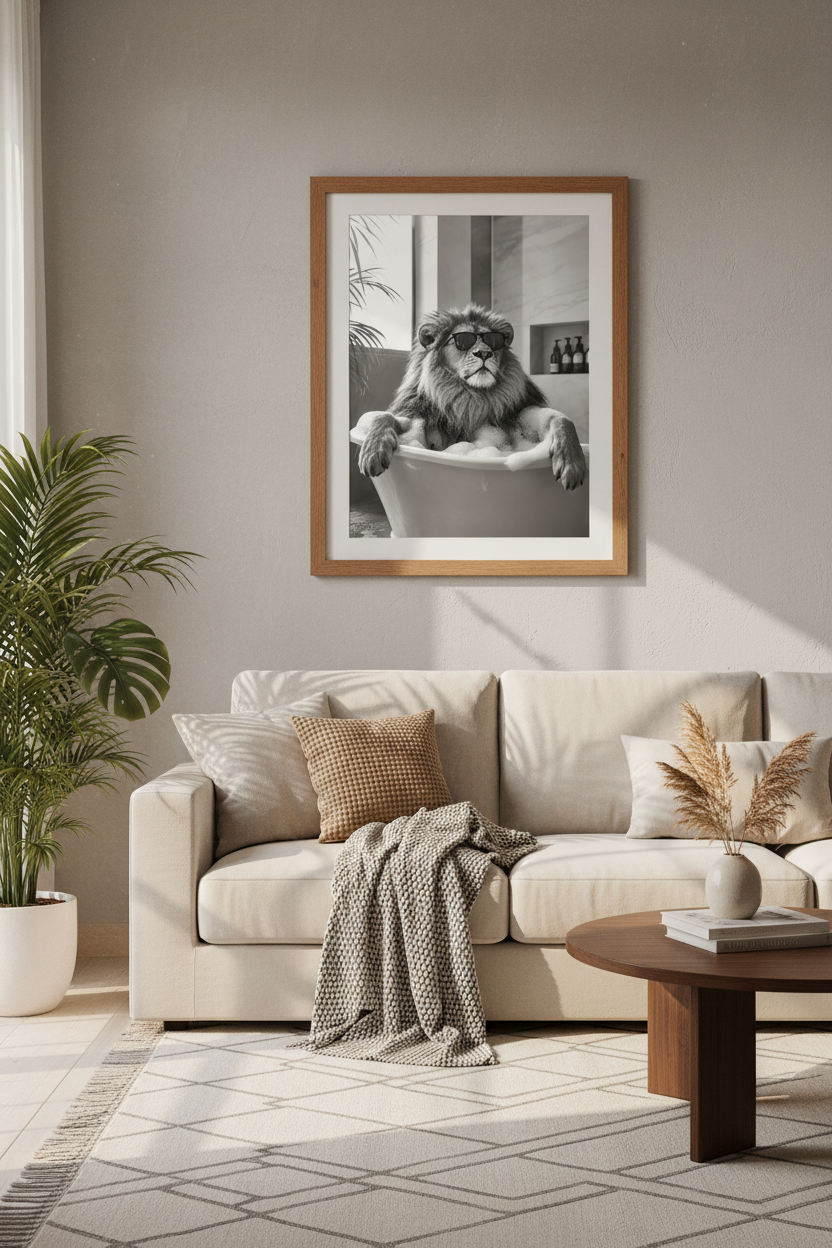 Lion in Bathtub Wall Art | Funny Black & White Animal Poster | Modern Bathroom Decor