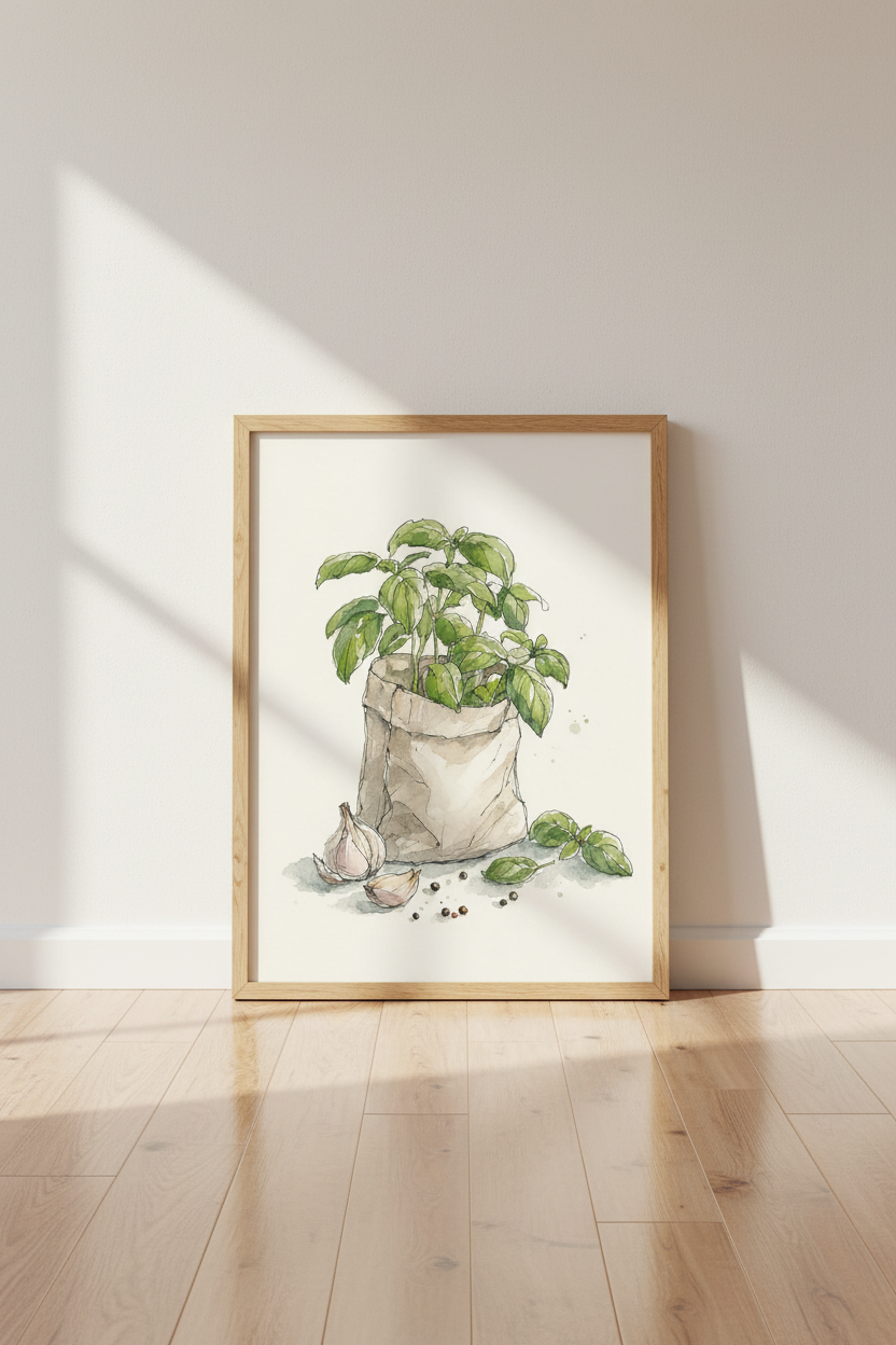Basil and Garlic Watercolor Art | Kitchen Herb Print, Farmhouse Botanical Poster