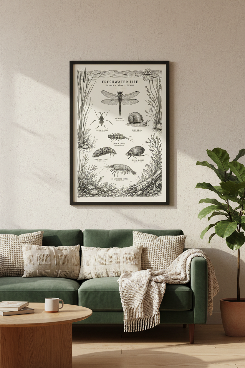 Freshwater Life | Vintage Scientific Illustration, Pond & River Insects Art