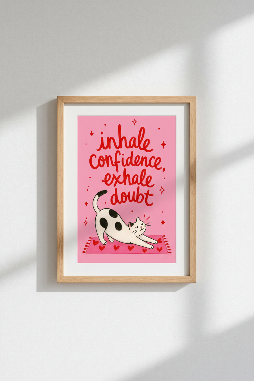 Cat Yoga Wall Art Print | Funny Affirmation Pink Poster | Yoga Studio Decor