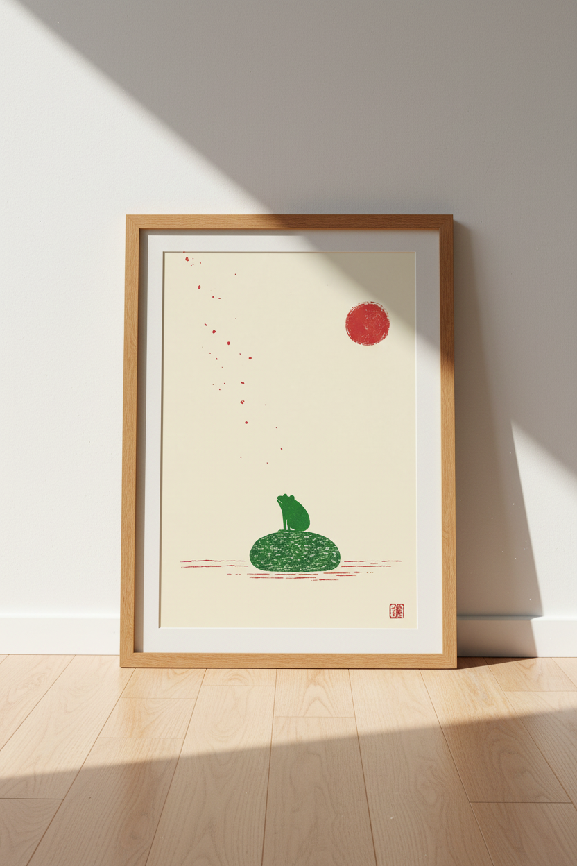 Minimalist Japanese Frog Wall Art | Zen Nature Print, Home Office Decor