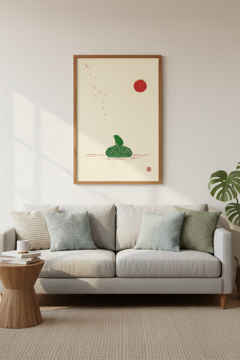 Minimalist Japanese Frog Wall Art | Zen Nature Print, Home Office Decor