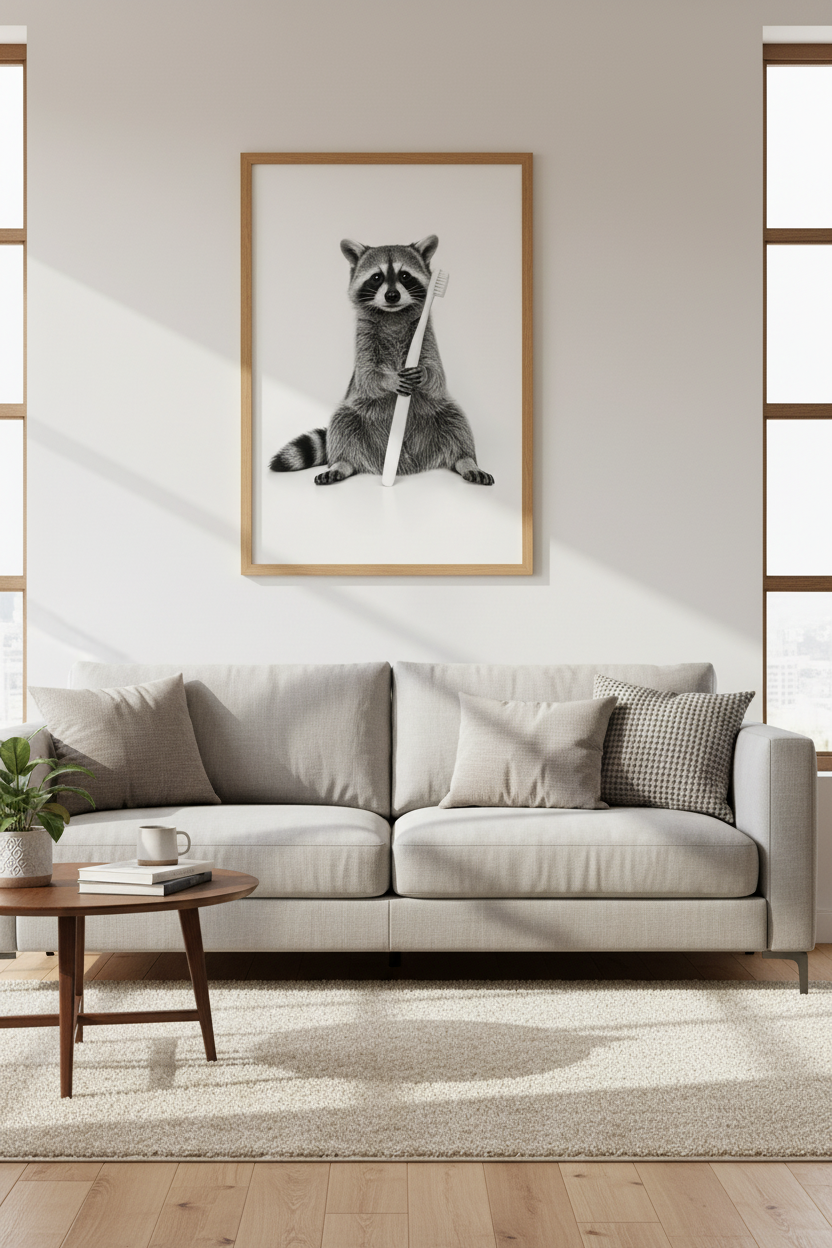 Funny Raccoon Brushing Teeth Wall Art | Bathroom Decor | Black and White Poster