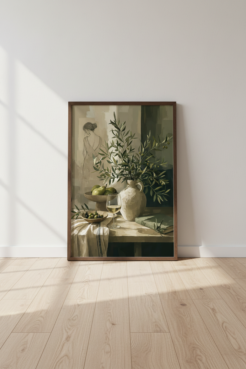 Mediterranean Still Life | Olive Branch & Wine Oil Painting, Kitchen Wall Art