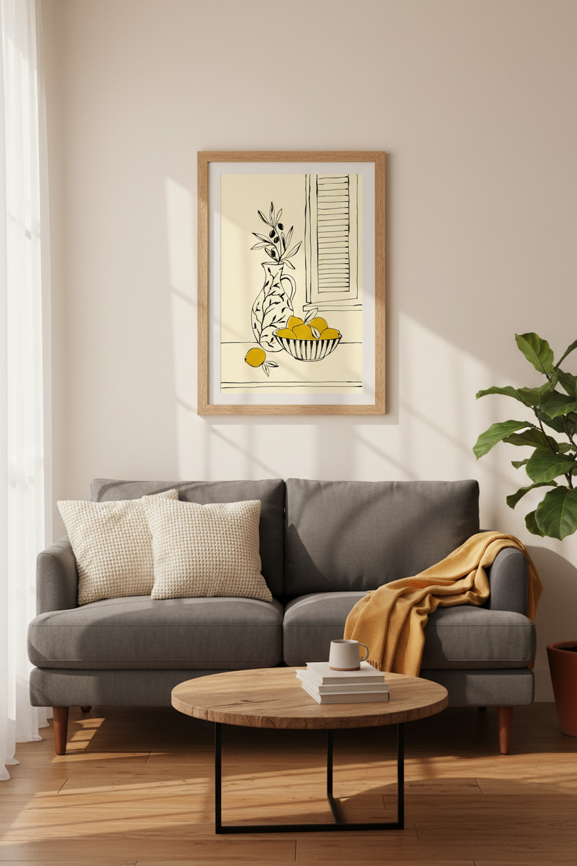 Lemon & Olive Still Life Wall Art | Mediterranean Kitchen Decor | Minimalist Poster
