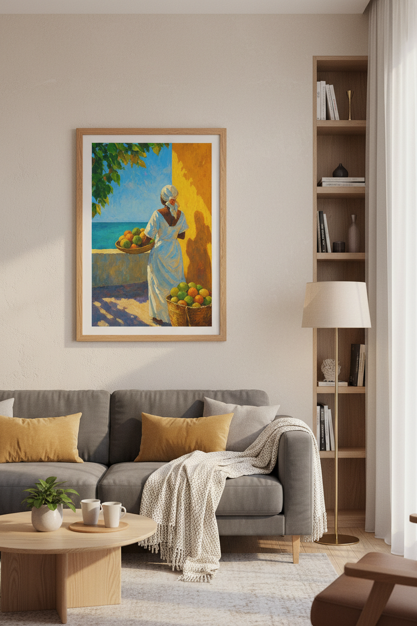 Tropical Woman with Fruit Art | Sun-Drenched Impressionist Poster, Coastal Decor