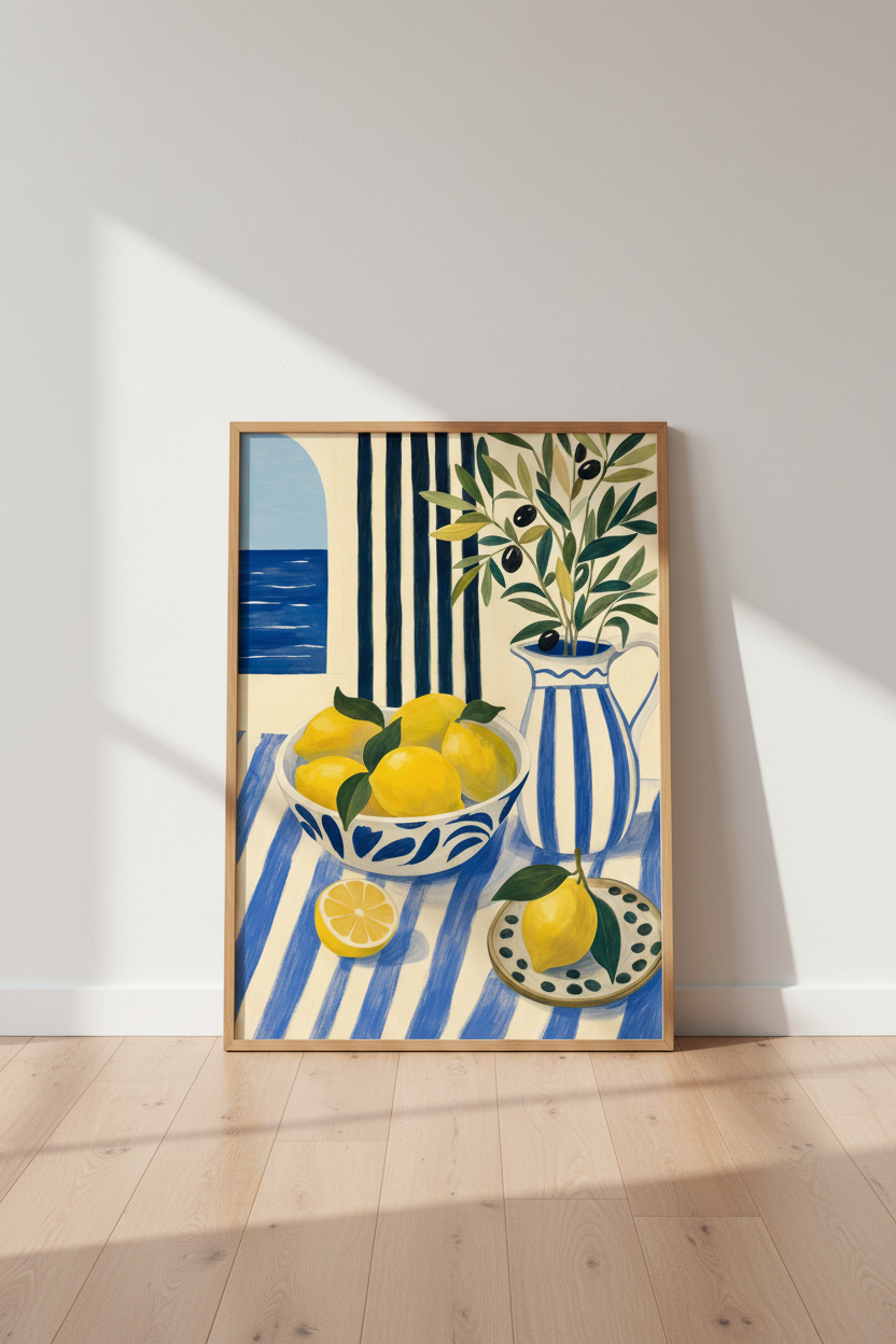 Mediterranean Lemon Still Life Wall Art | Blue White Coastal Decor | Kitchen Poster