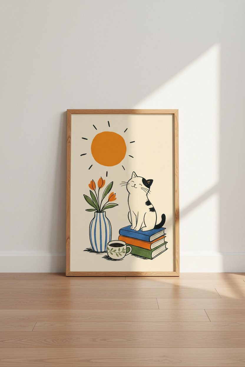Happy Cat on Books Wall Art Print | Reading Nook Decor | Whimsical Boho Poster