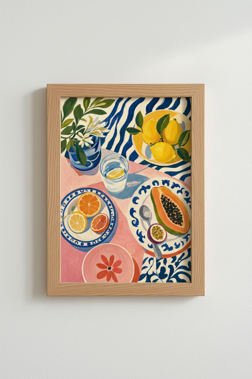 Mediterranean Fruit Still Life Art Print | Colorful Kitchen Decor | Summer Poster