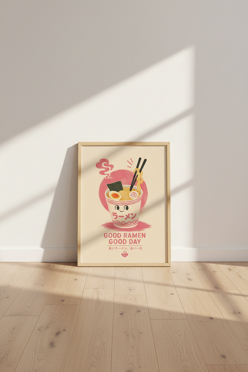 Cute Ramen Cup Wall Art Print | Retro Japanese Food Poster, Kawaii Kitchen Decor