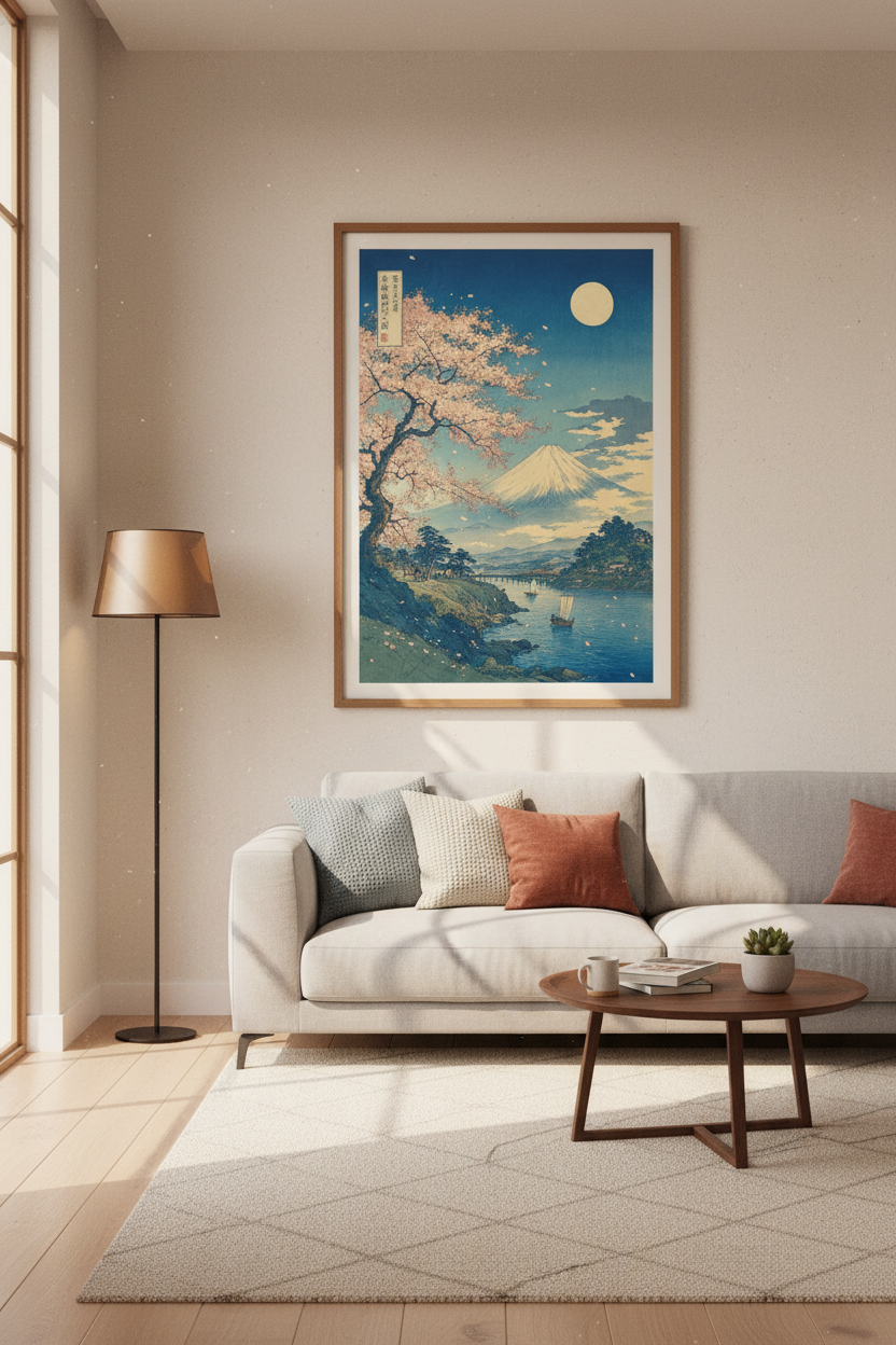 Mount Fuji Cherry Blossom Wall Art | Japanese Landscape, Zen Bedroom Decor