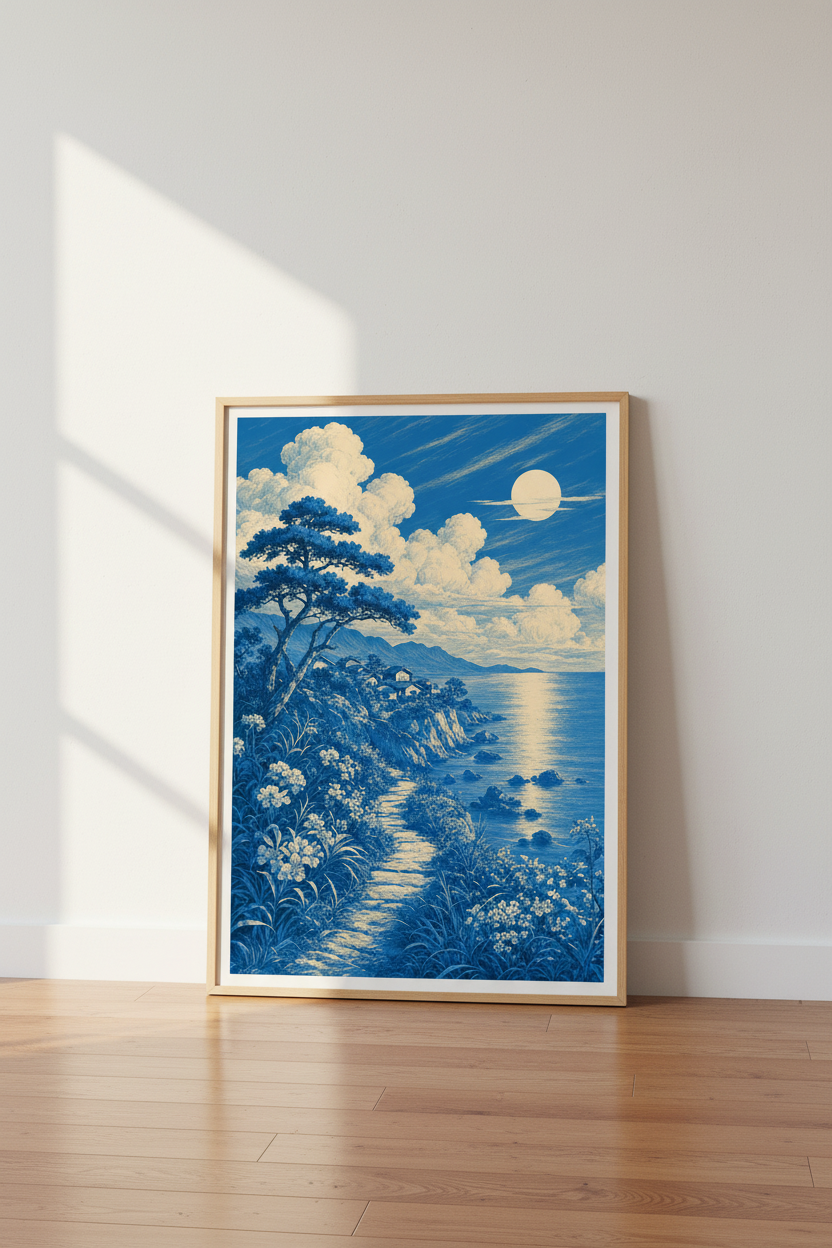 Japanese Coastal Landscape Wall Art | Blue Moonlight Sea Poster | Zen Home Decor